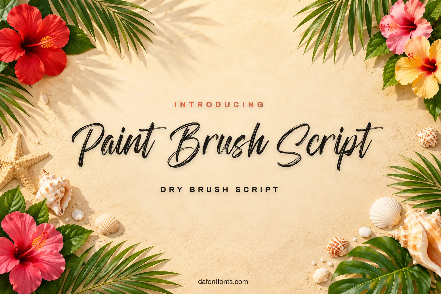 Paint Brush Script font poster: brush script on sand-colored paper with palm leaves
