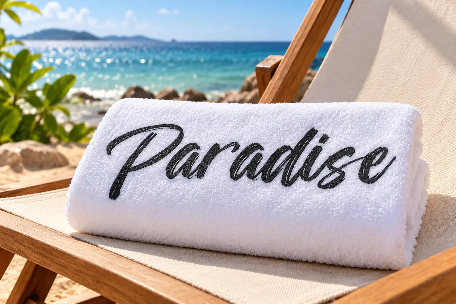 Paint Brush Script font on a beach towel reading Paradise