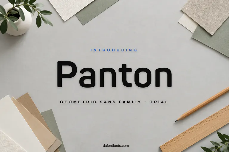Panton font poster: black geometric sans on a clean design studio background