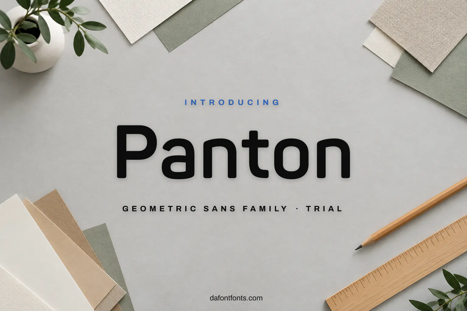 Panton font poster: black geometric sans on a clean design studio background