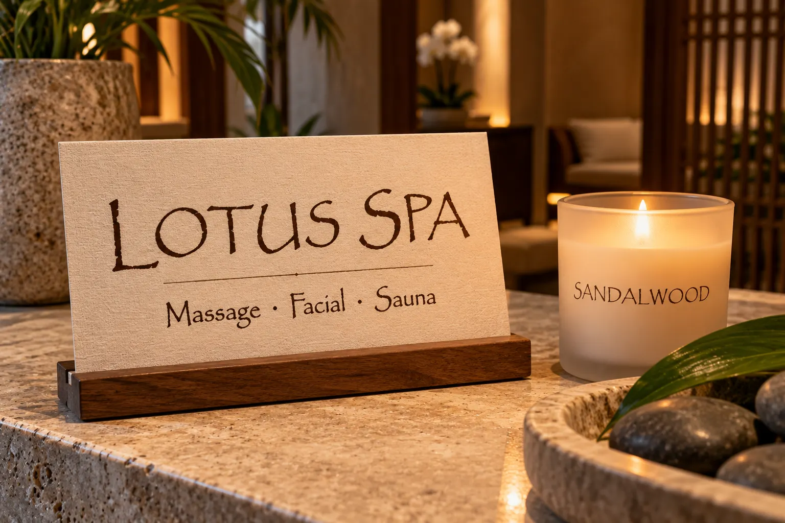 Papyrus style lettering on a spa menu card reading LOTUS SPA and a candle labelled SANDALWOOD