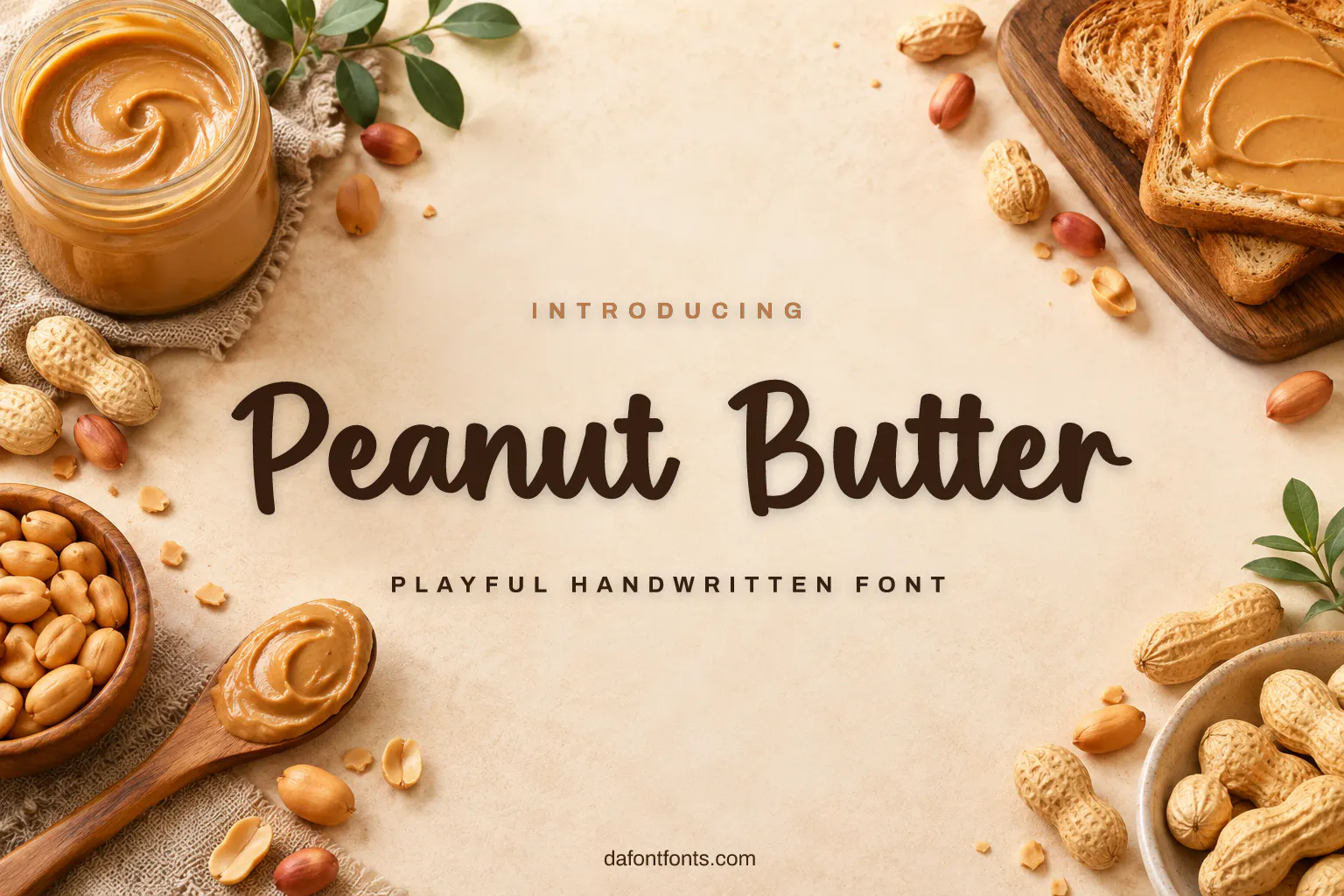Peanut Butter font poster: handwritten letters on cream with peanuts and toast