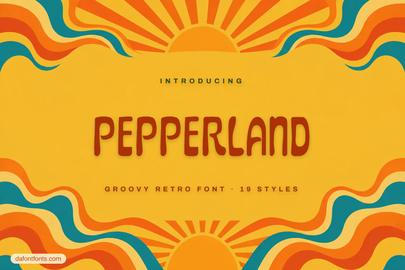 Pepperland font poster: orange retro letters on a mustard background with 60s sunburst shapes