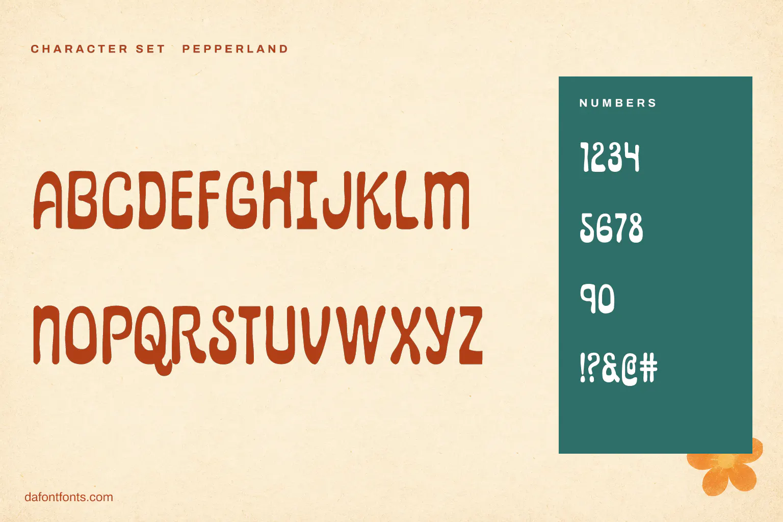 Pepperland character set: letters, numbers and symbols (capitals and lowercase type nearly the same shapes)
