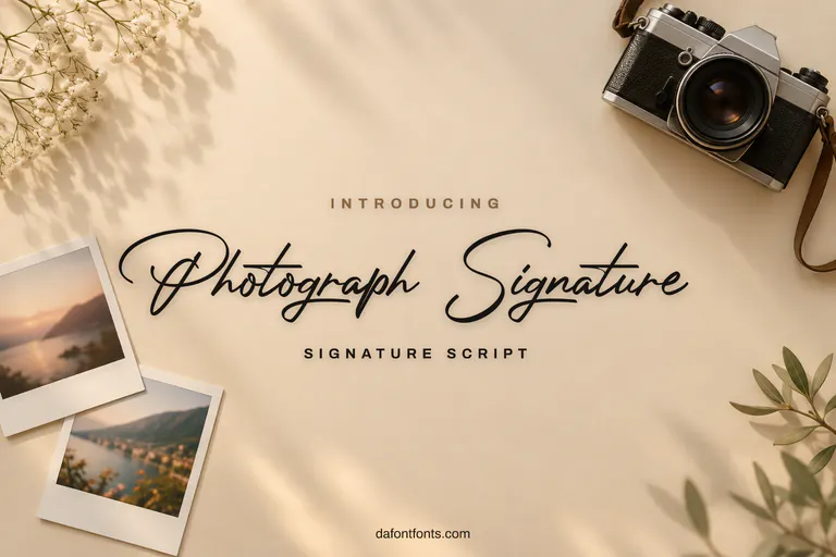 Photograph Signature font poster: thin black signature lettering on a warm beige background with a film camera