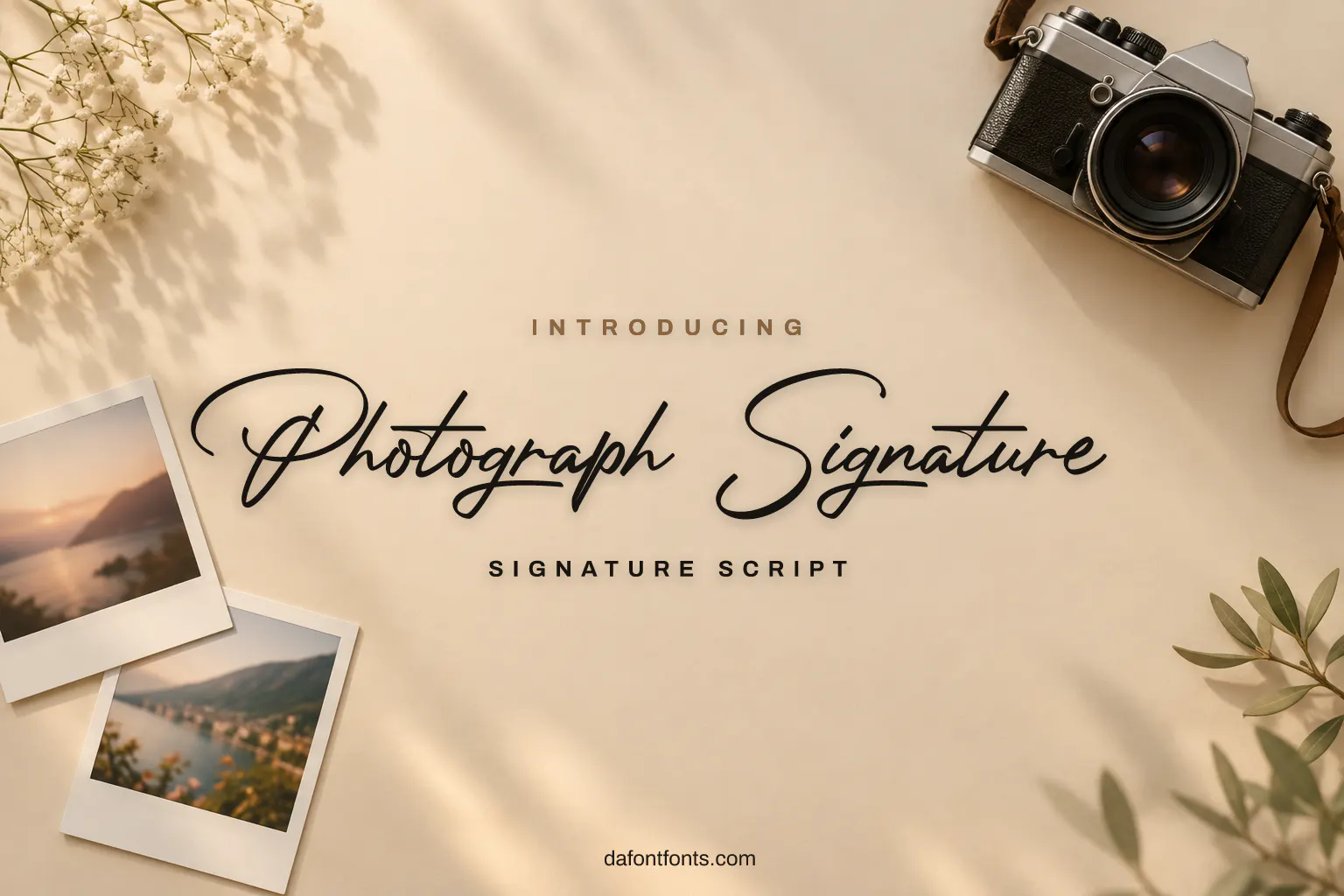 Photograph Signature font poster: thin black signature lettering on a warm beige background with a film camera