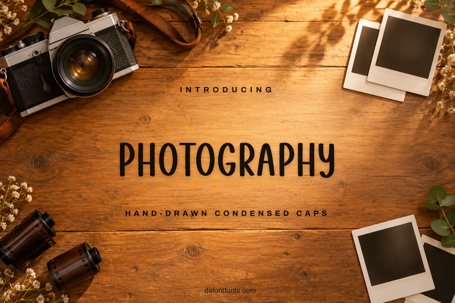 Photography font poster: black hand-drawn caps on a photographer flat-lay background