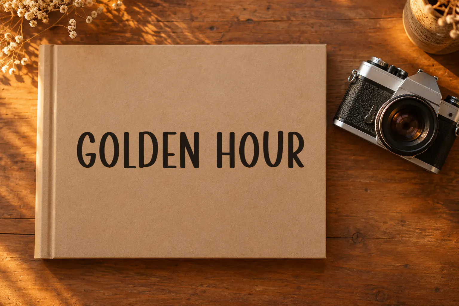 Photography font on a photo album cover reading GOLDEN HOUR