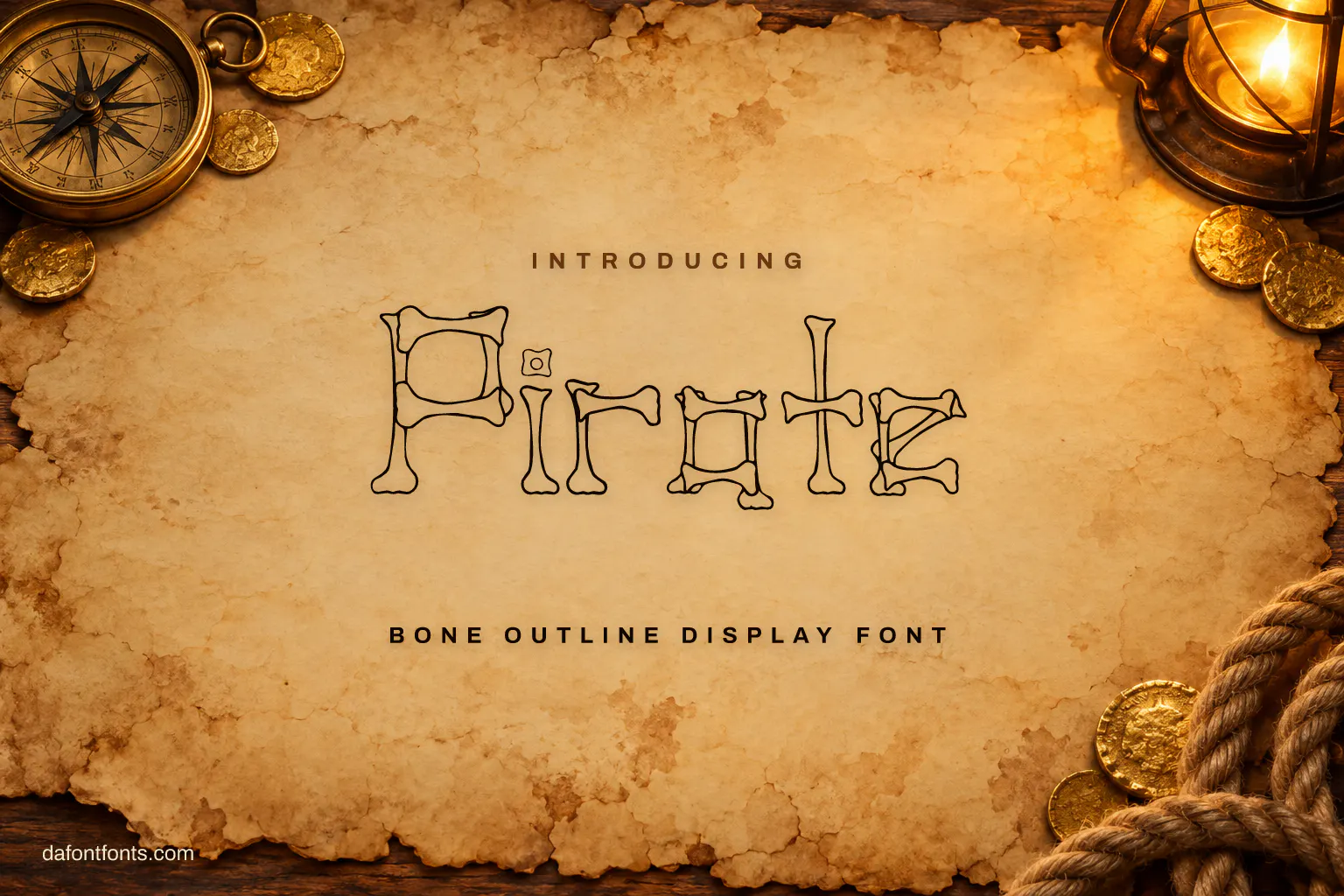 Pirate font poster: brown bone-shaped outline letters on an old treasure map