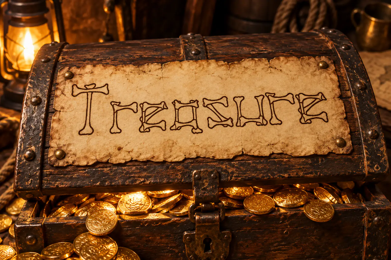 Pirate font on a treasure chest label reading Treasure