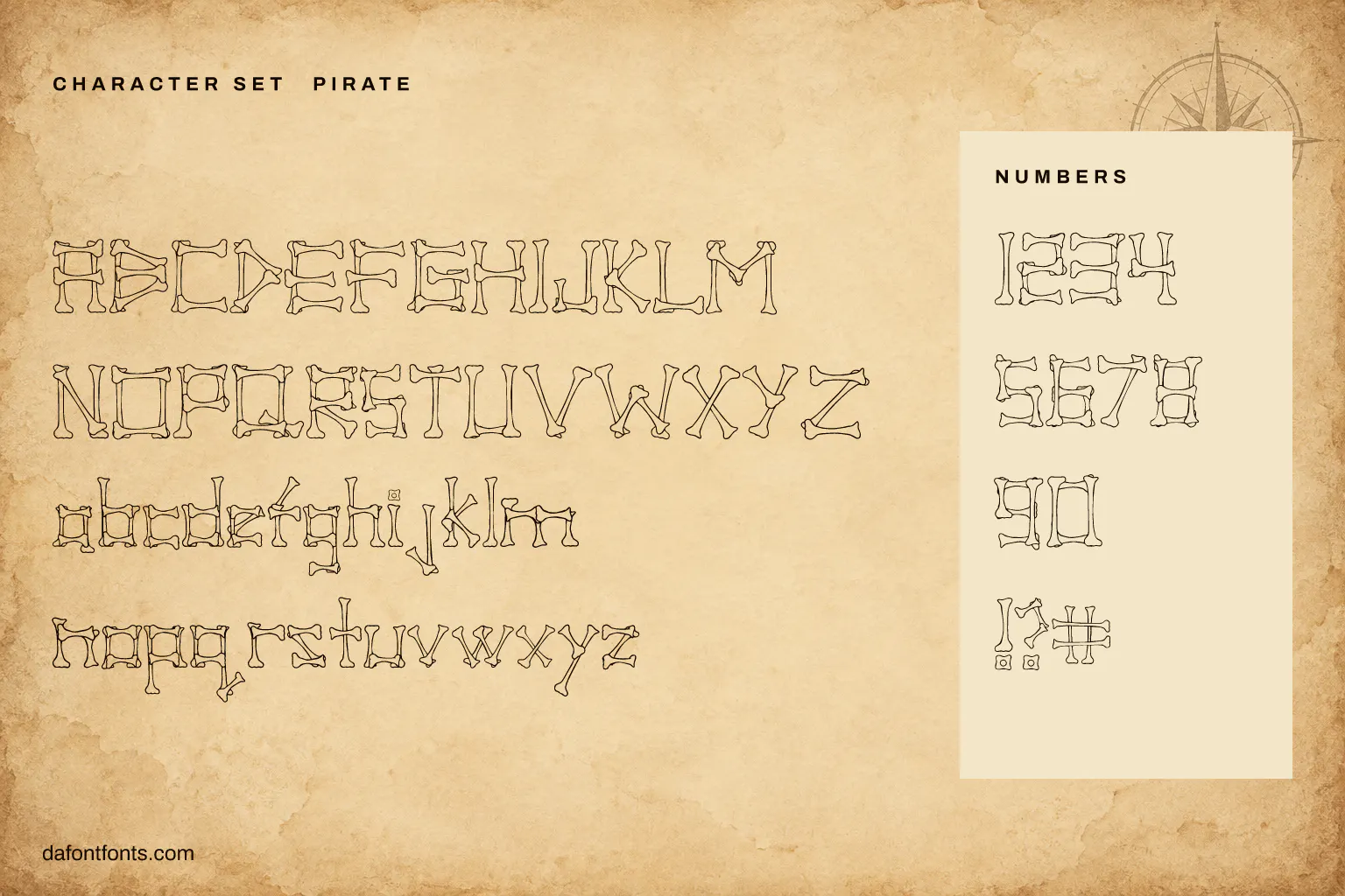 Pirate character set: alphabet, numbers and ! ? #
