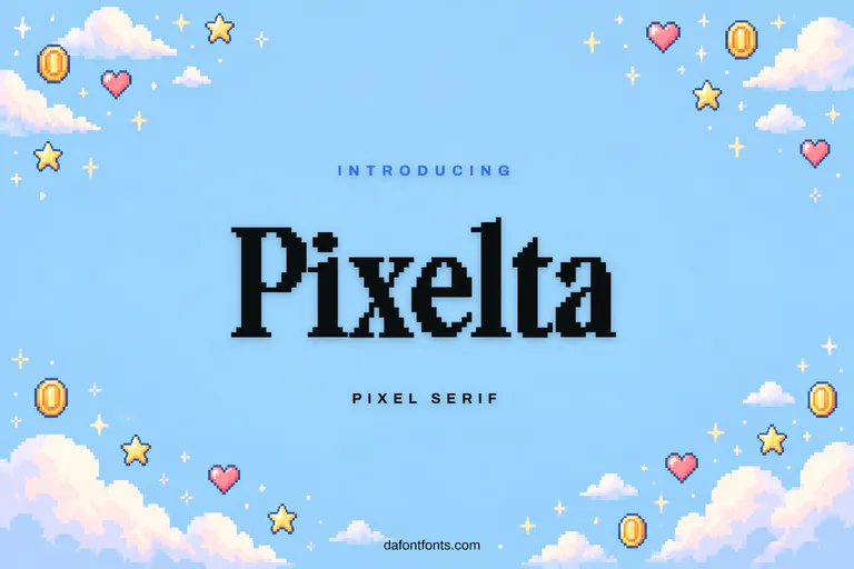 Pixelta font poster: black pixel serif letters on a pastel retro gaming background