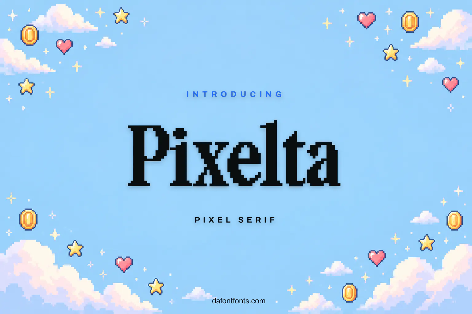 Pixelta font poster: black pixel serif letters on a pastel retro gaming background