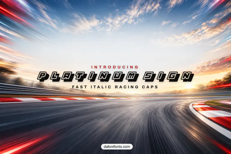 Platinum Sign font poster: outlined racing caps on a race track background