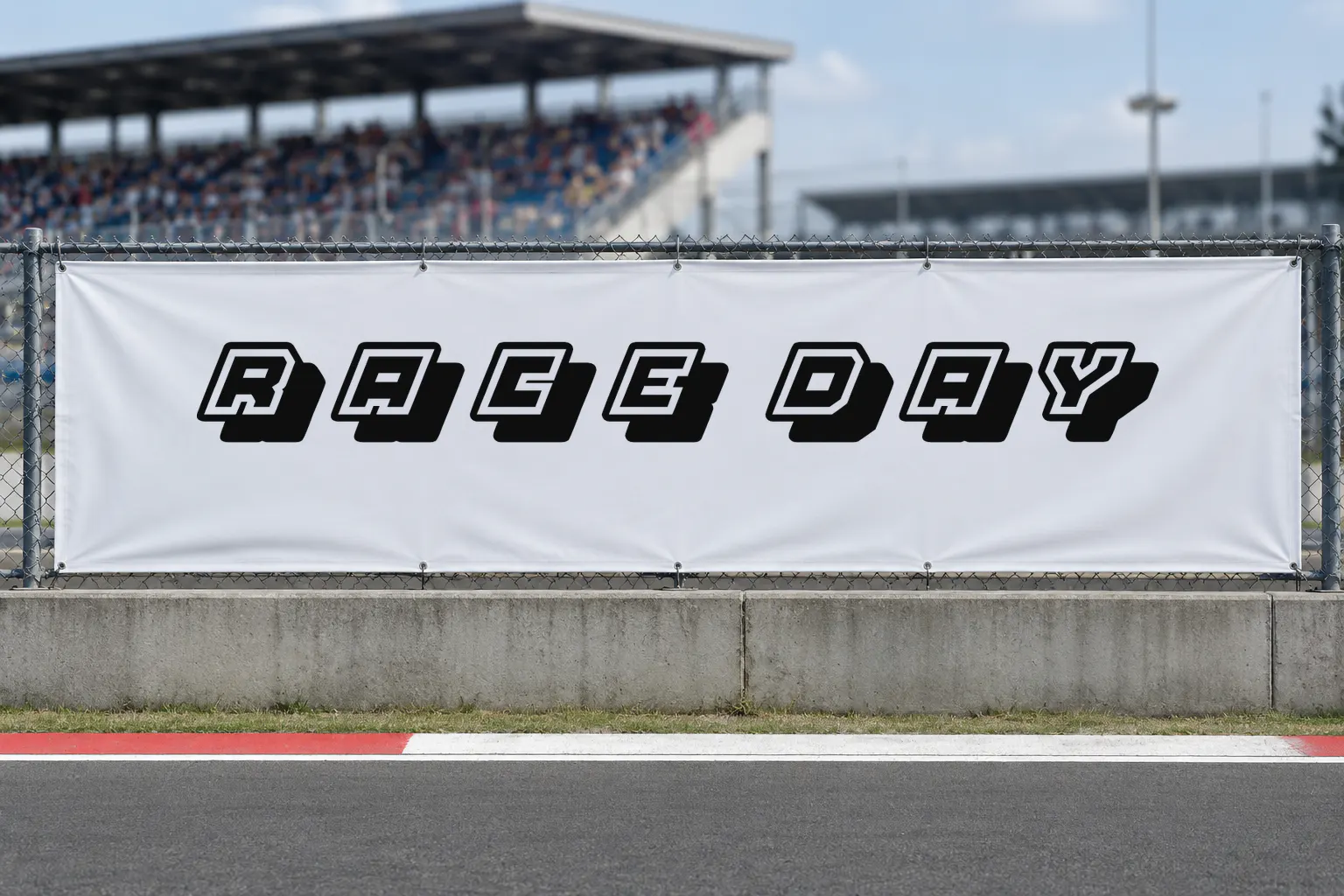 Platinum Sign font on a race track banner reading RACE DAY