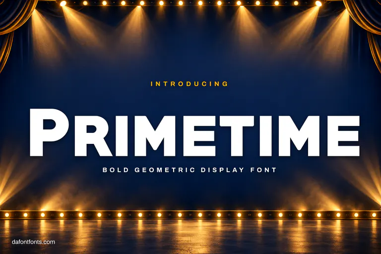 Primetime font poster: white bold letters on navy under stage spotlights