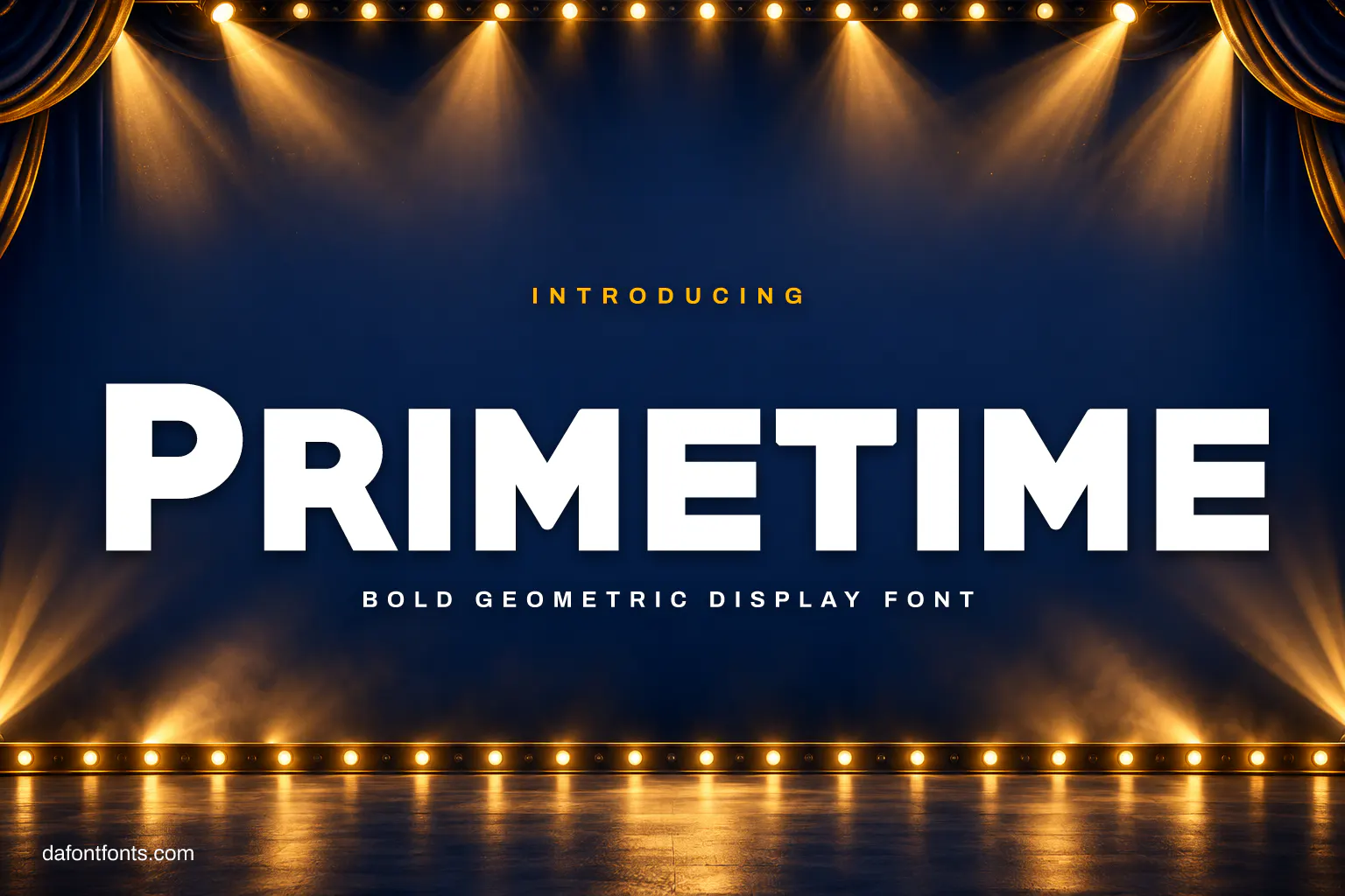 Primetime font poster: white bold letters on navy under stage spotlights