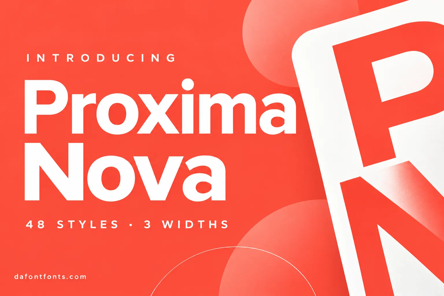 Proxima Nova font poster: bold Proxima Nova headline on a coral and white modern layout