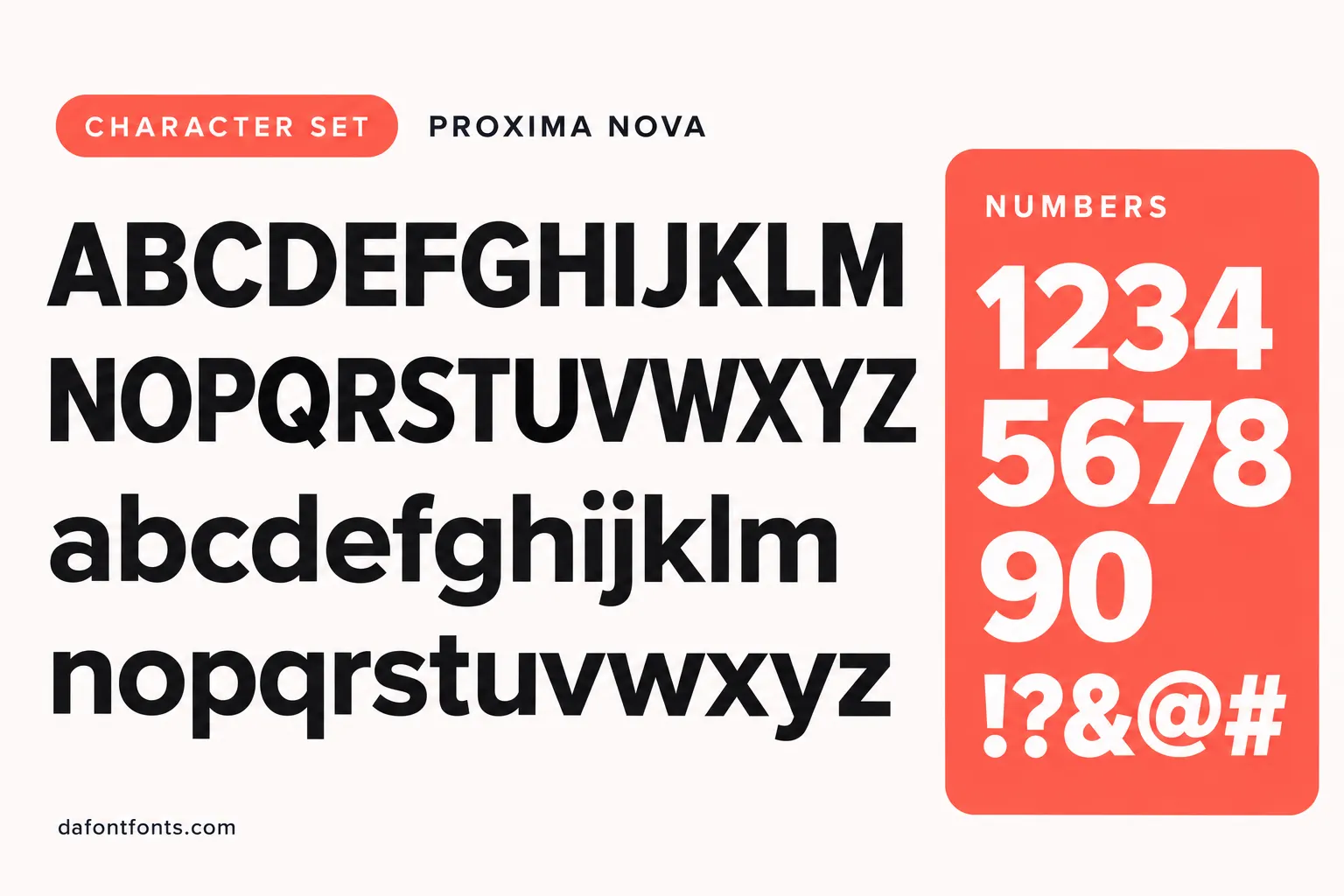Proxima Nova style character set: uppercase and lowercase alphabet, numbers and symbols