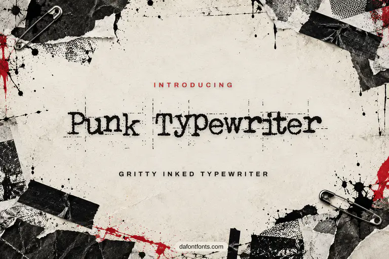 Punk Typewriter font poster: gritty typewriter letters with torn paper and safety pins