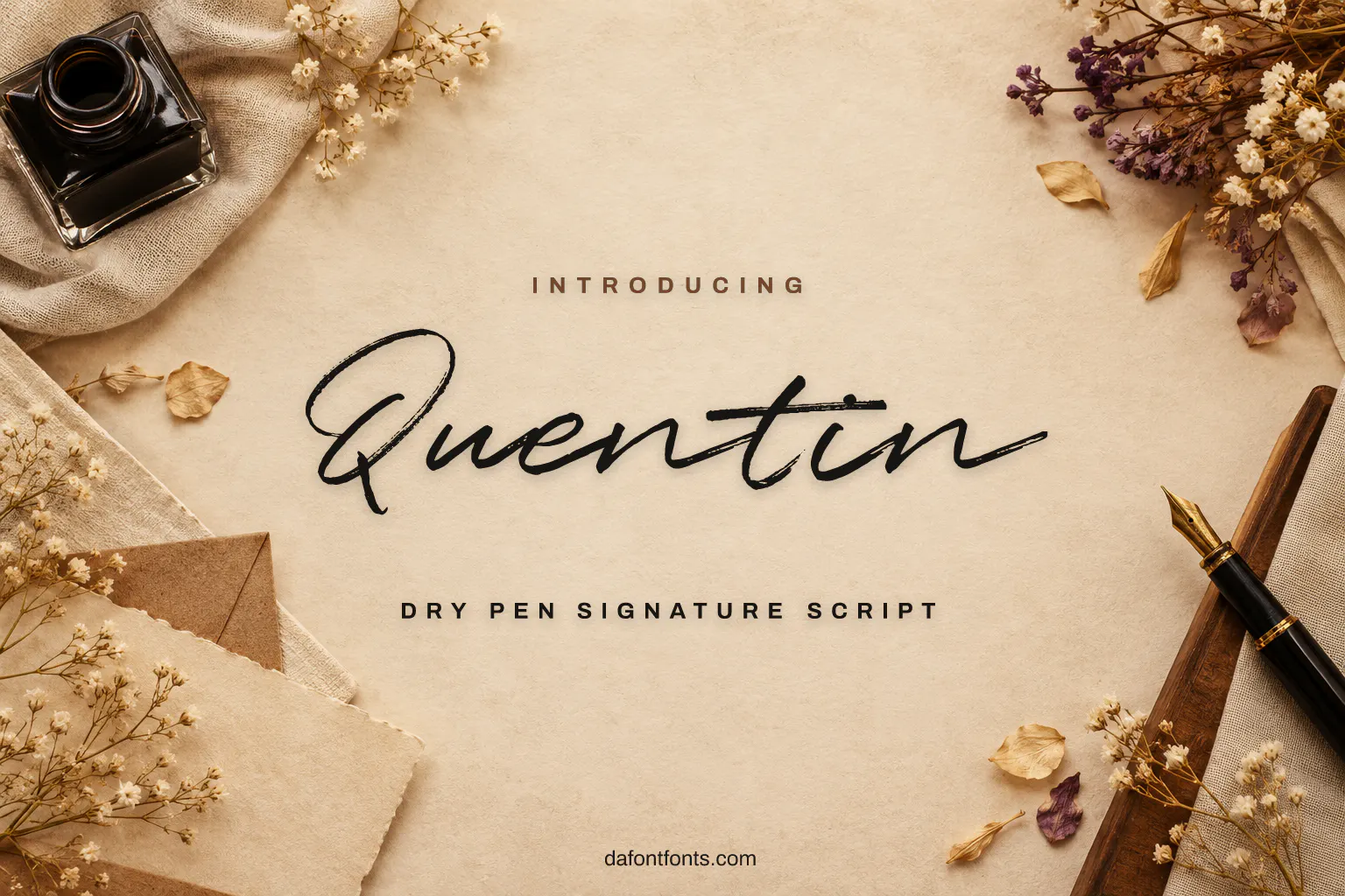 Quentin font poster: signature script on beige with a fountain pen and ink
