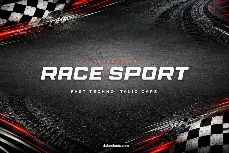 Race Sport font poster: black italic caps on a racing asphalt background