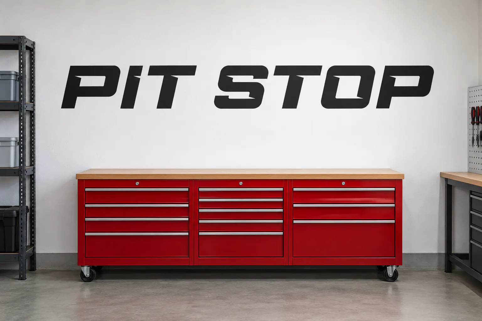 Race Sport font on a workshop wall reading PIT STOP