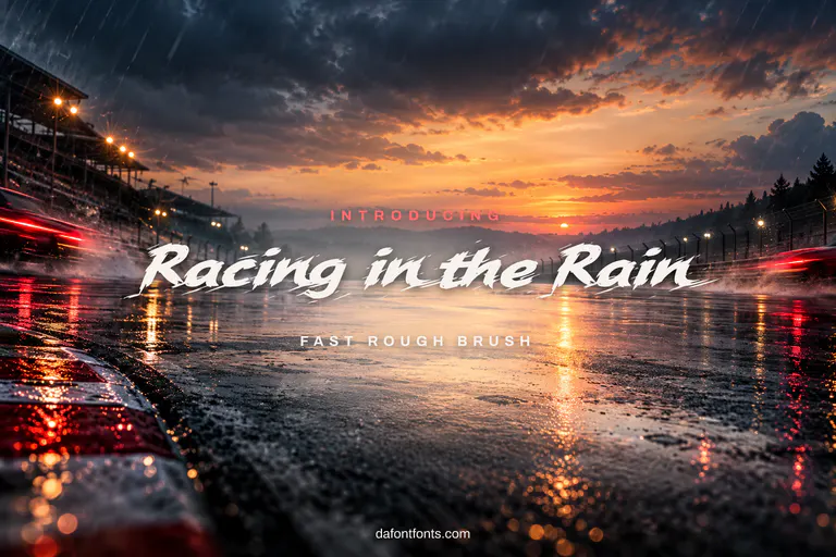 Racing in the Rain font poster: black rough brush letters on a wet race track background