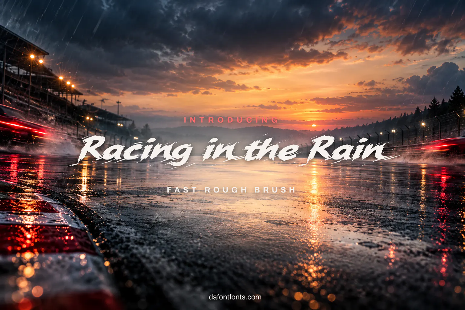 Racing in the Rain font poster: black rough brush letters on a wet race track background
