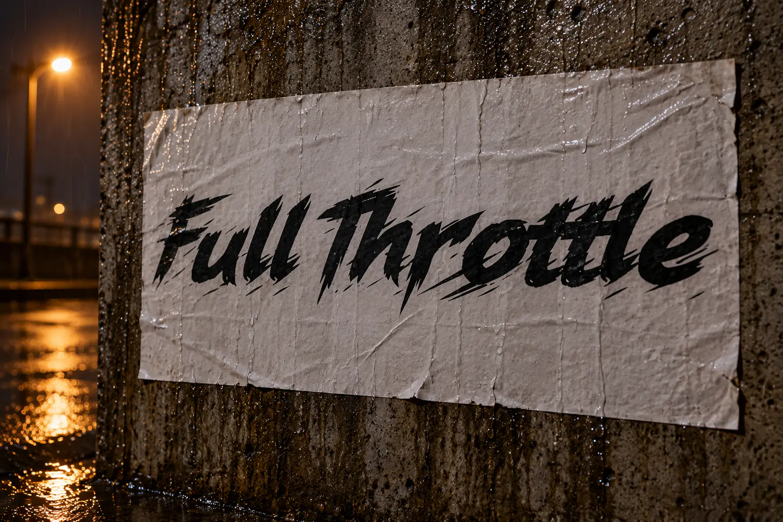Racing in the Rain font on a rainy wall poster reading Full Throttle