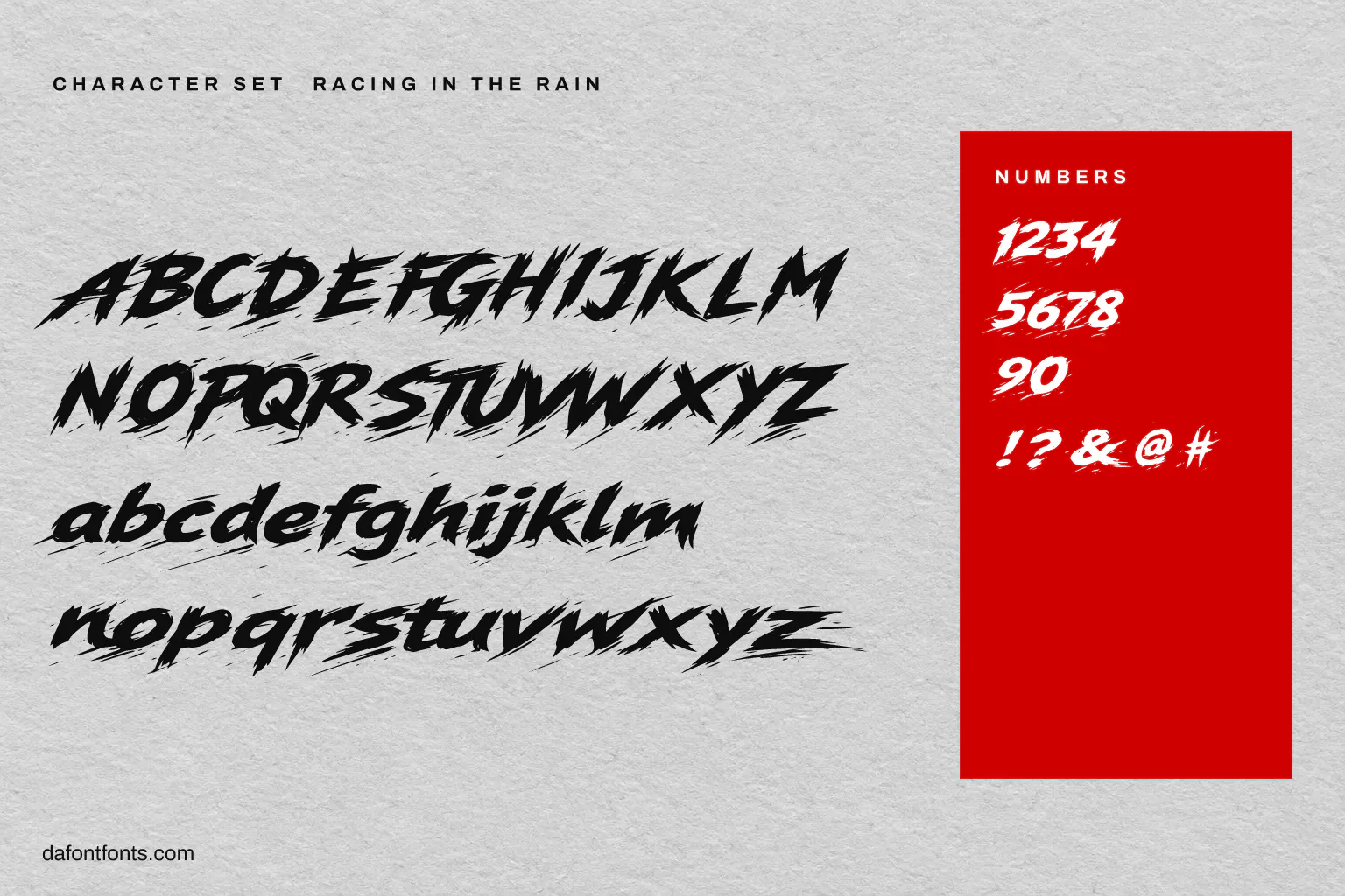 Racing in the Rain character set: alphabet, numbers and symbols