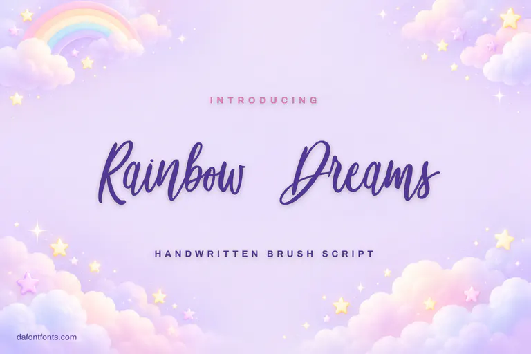 Rainbow Dreams font poster: purple brush script on lilac with a pastel rainbow