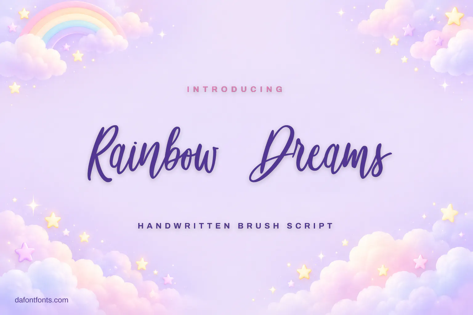 Rainbow Dreams font poster: purple brush script on lilac with a pastel rainbow