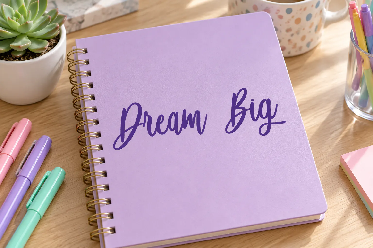 Rainbow Dreams font on a notebook cover reading Dream Big