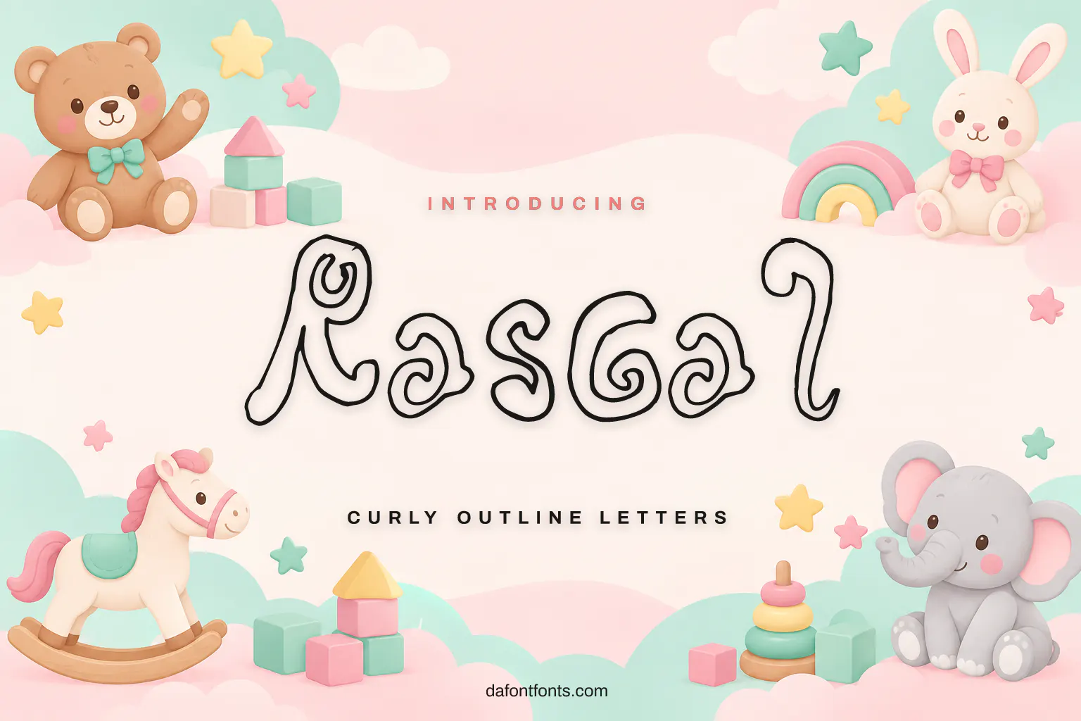 Rascal font poster: curly outline letters on a pink and mint kids background