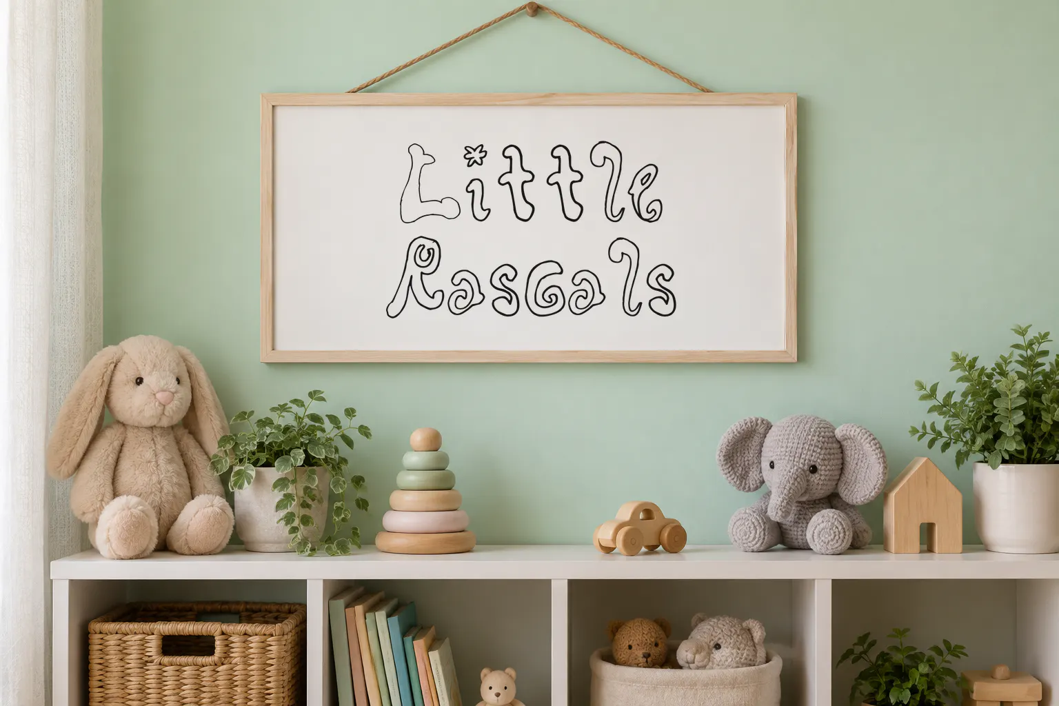 Rascal font on a nursery sign reading Little Rascals