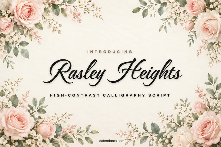 Rasley Heights font poster: black calligraphy on an ivory background with roses