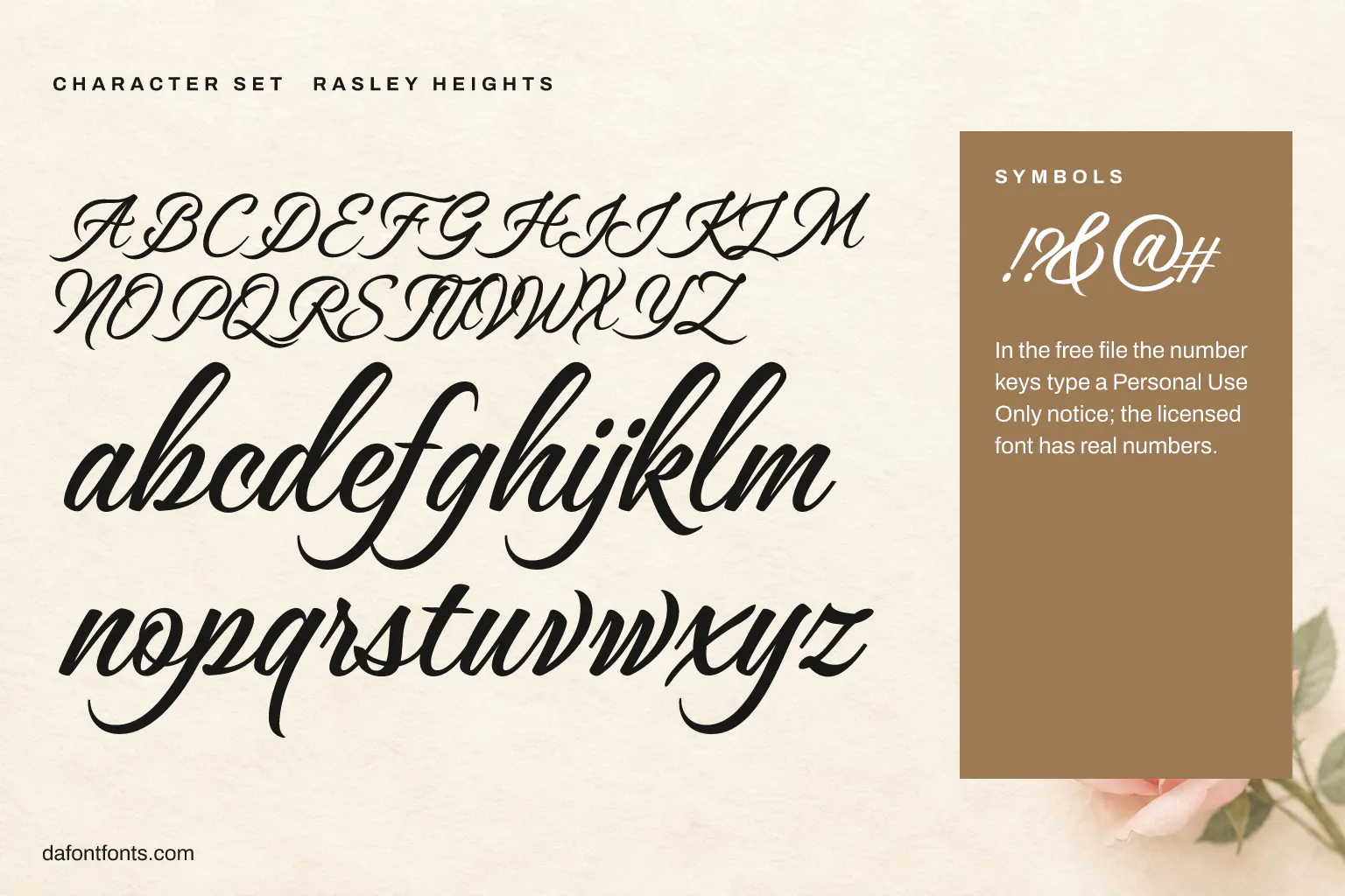 Rasley Heights character set: capitals, lowercase and symbols (in the free file the number keys type a notice)