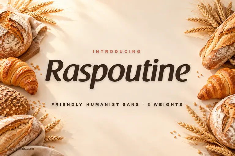 Raspoutine font poster: brown sans letters on cream with bread and croissants