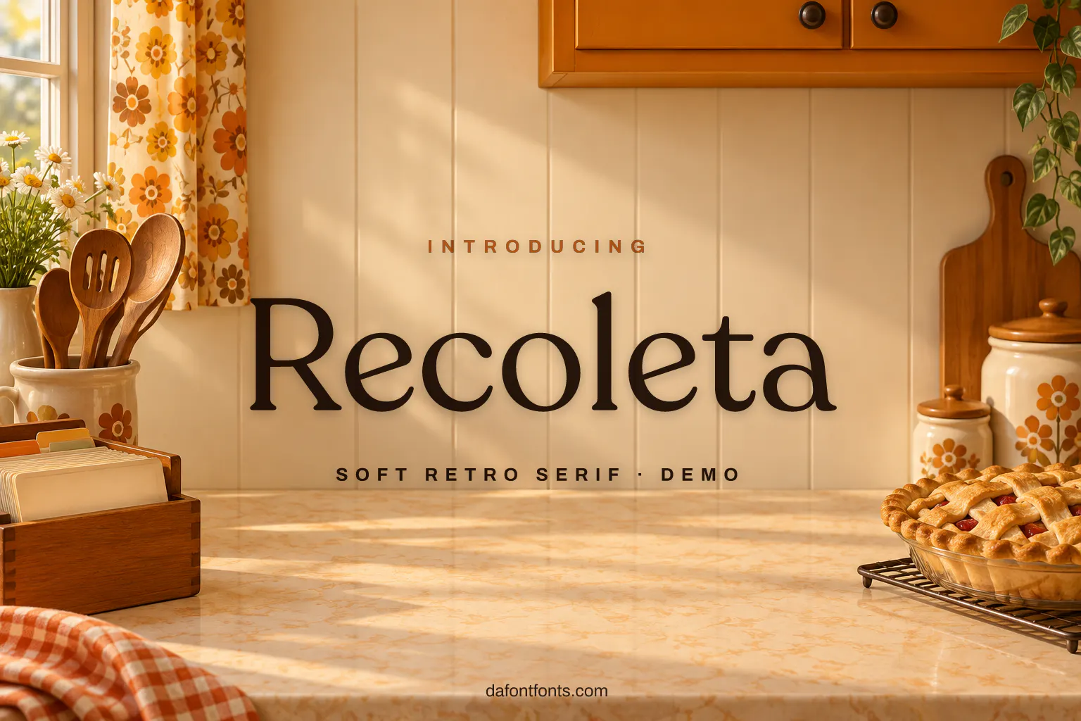 Recoleta font poster: dark brown serif on a warm 1970s kitchen background