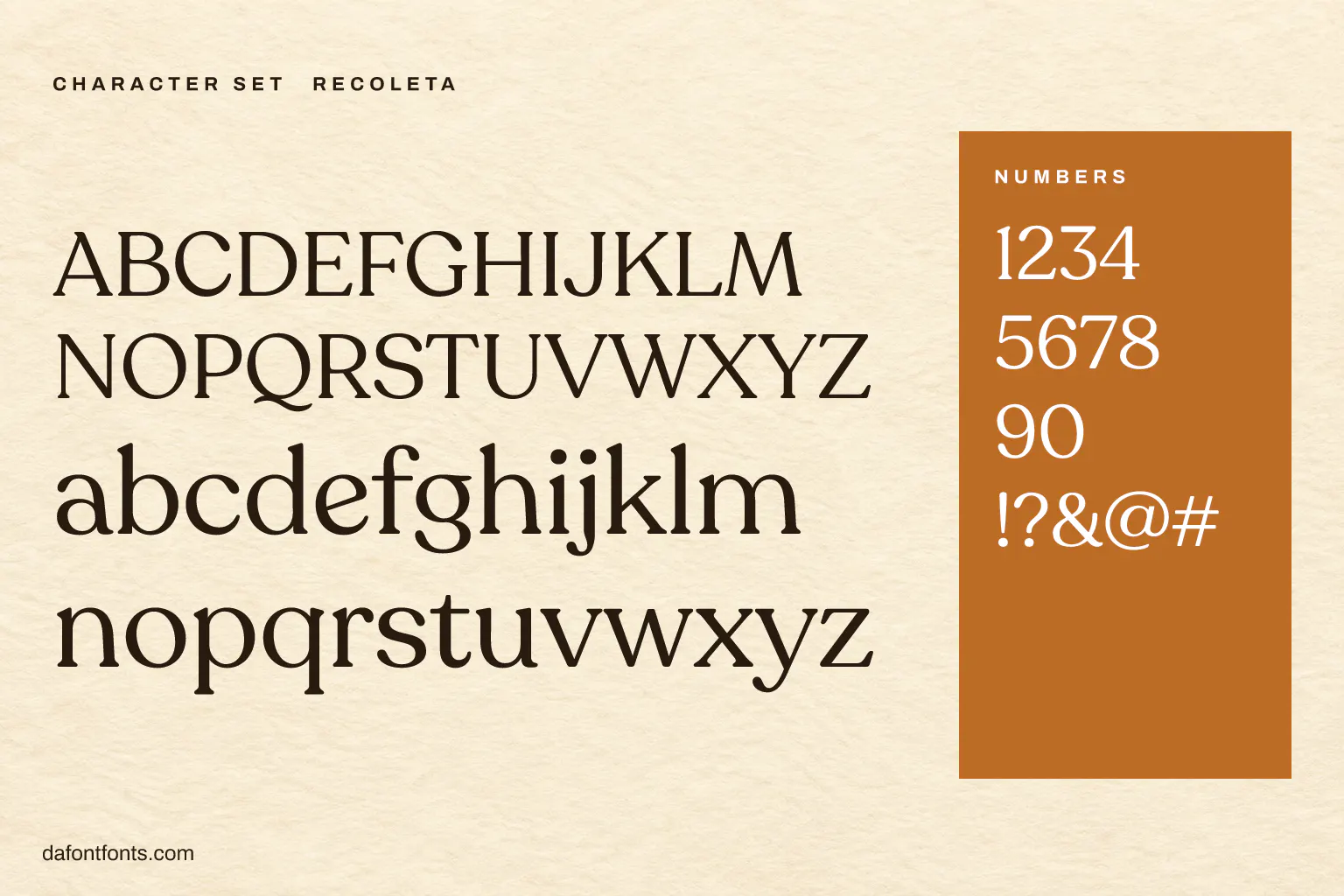 Recoleta character set: alphabet, numbers and symbols