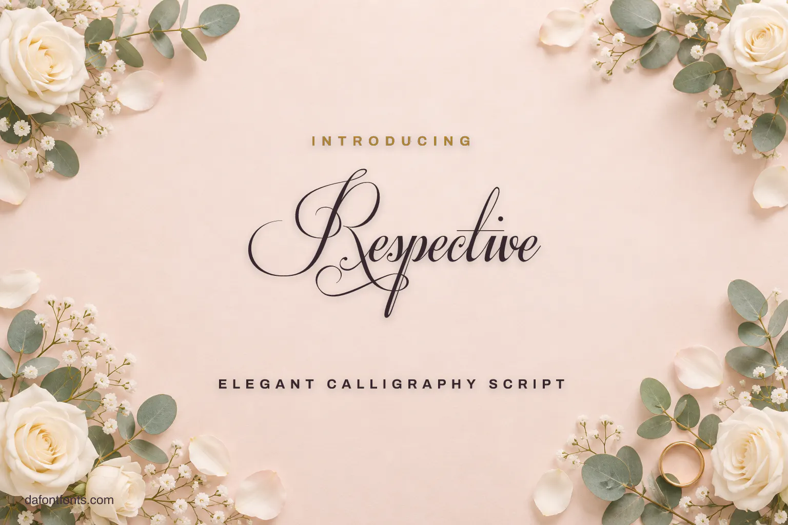 Respective font poster: plum calligraphy on blush paper with white roses