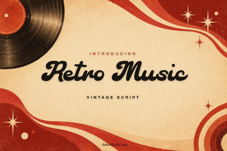 Retro Music font poster: black script on a warm retro background with a vinyl record