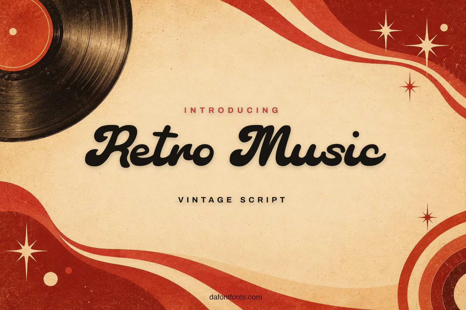 Retro Music font poster: black script on a warm retro background with a vinyl record
