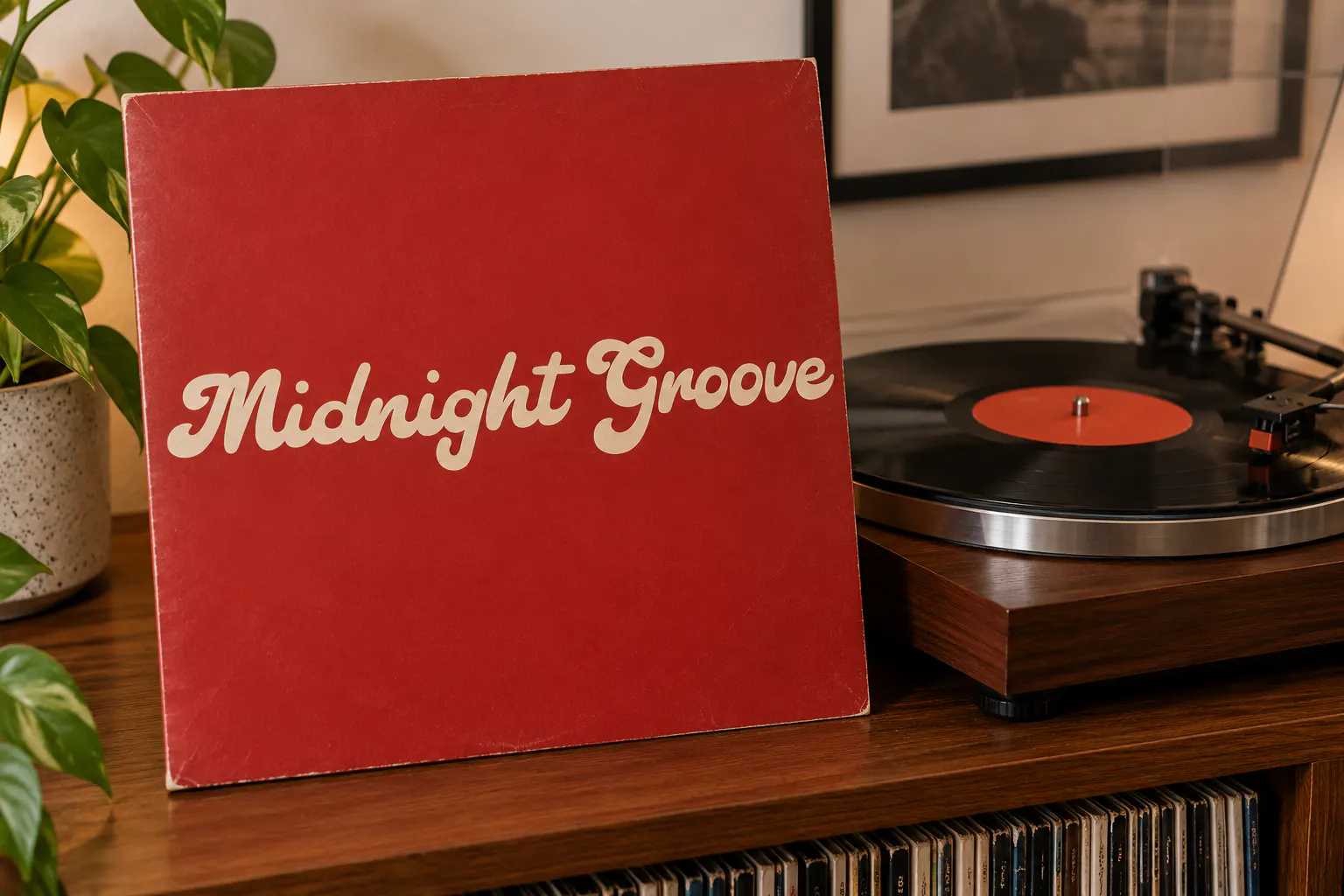 Retro Music font on a red vinyl record sleeve reading Midnight Groove