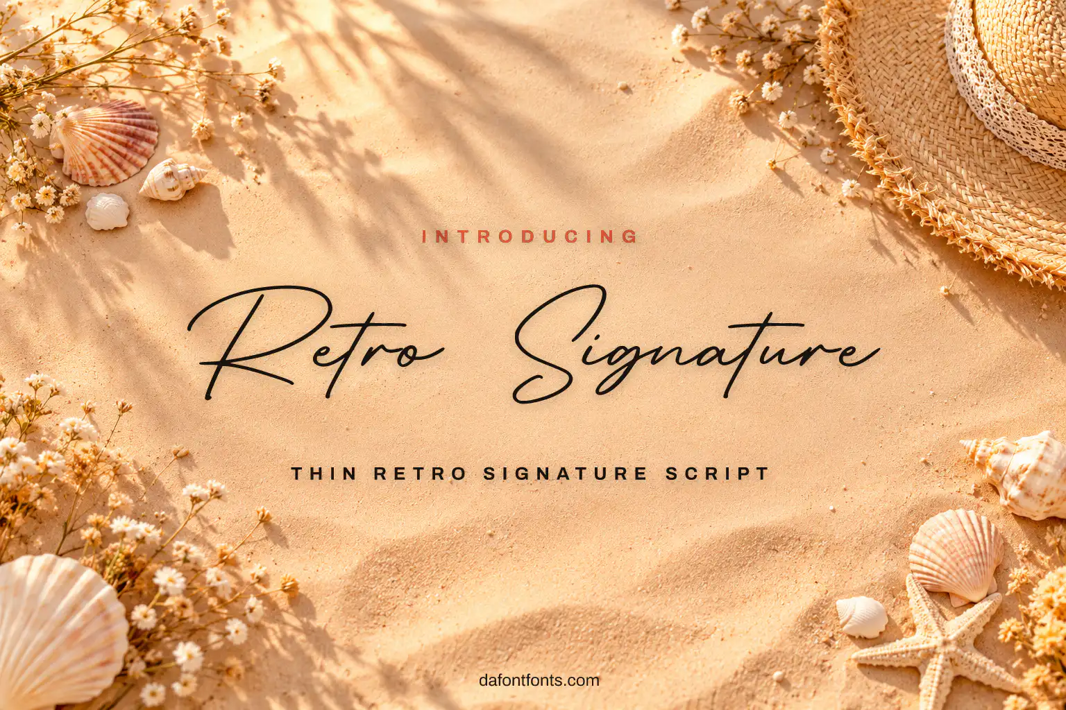 Retro Signature font poster: thin black script on a warm summer background