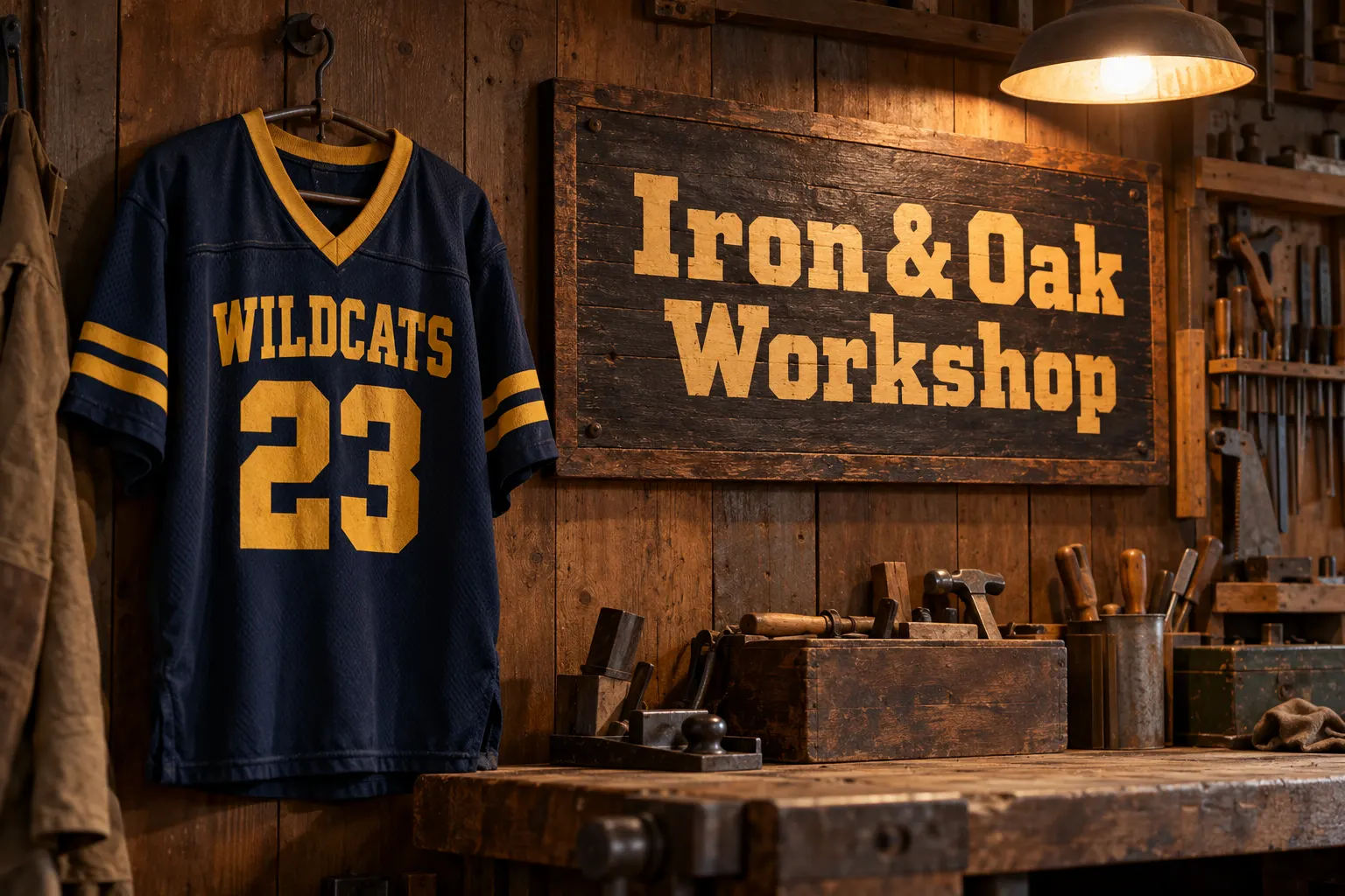 Rockwell style lettering on a vintage sports jersey and a workshop sign