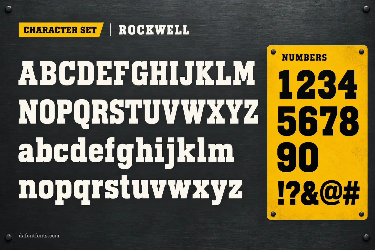 Rockwell style character set: uppercase and lowercase alphabet, numbers and symbols