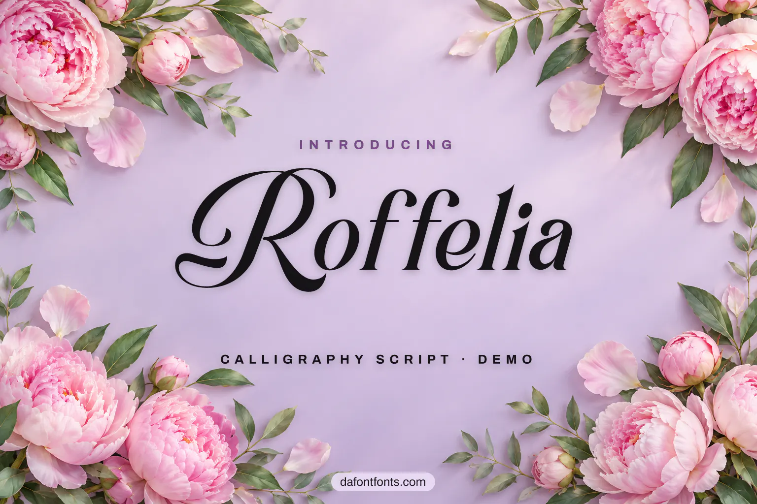 Roffelia font poster: black calligraphy on a soft lilac background with peonies