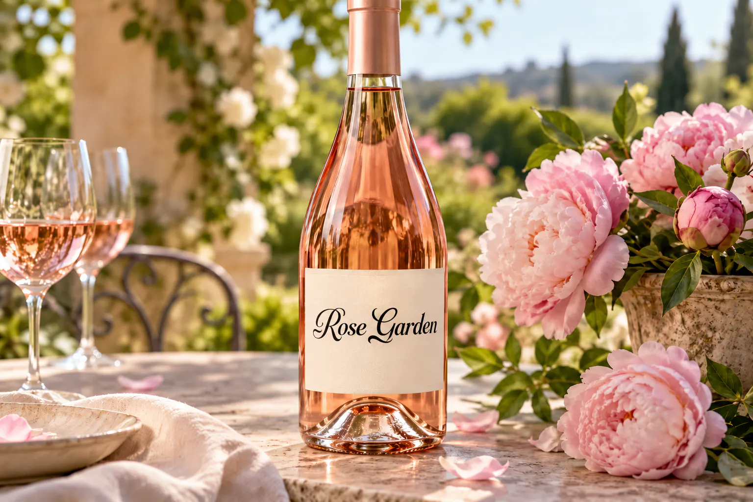 Roffelia font on a wine bottle label reading Rose Garden